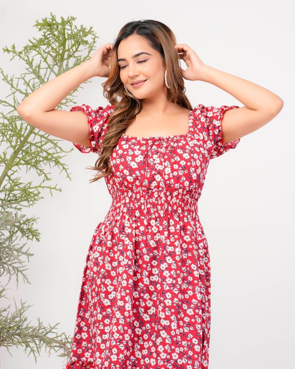 Pink Floral Printed Poly Crepe Midi Dress For Women