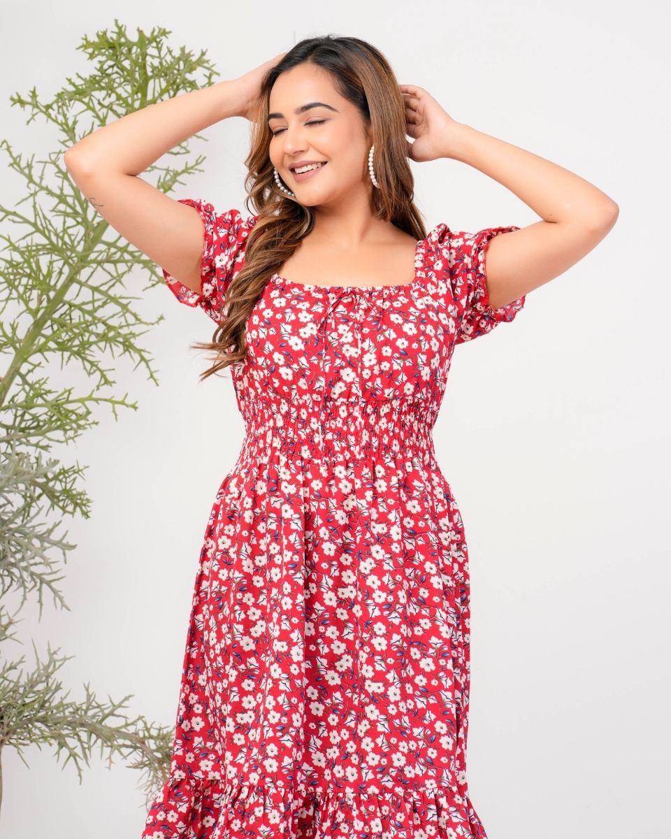 Pink Floral Printed Poly Crepe Midi Dress For Women