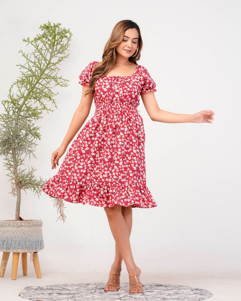Pink Floral Printed Poly Crepe Midi Dress For Women