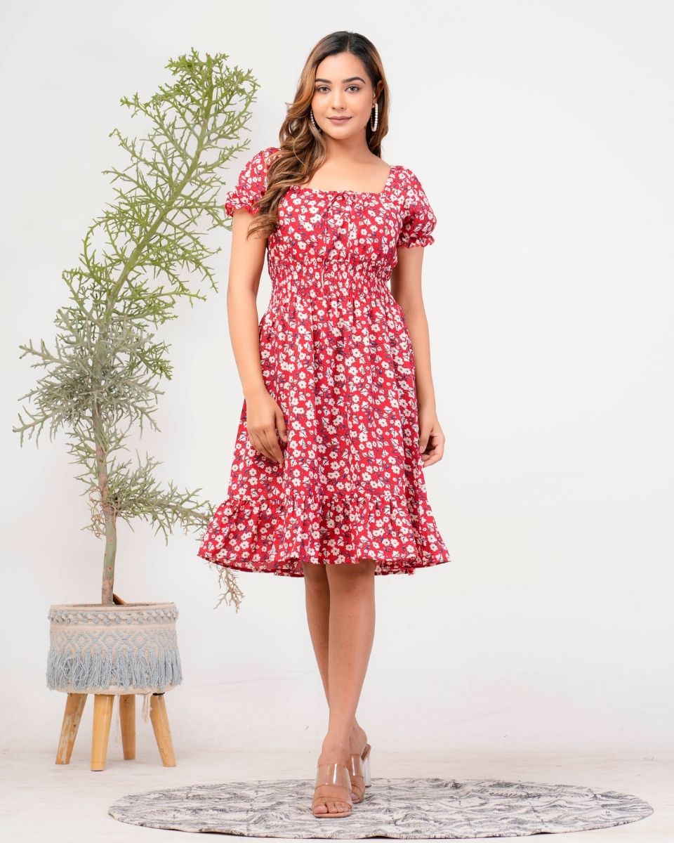 Pink Floral Printed Poly Crepe Midi Dress For Women