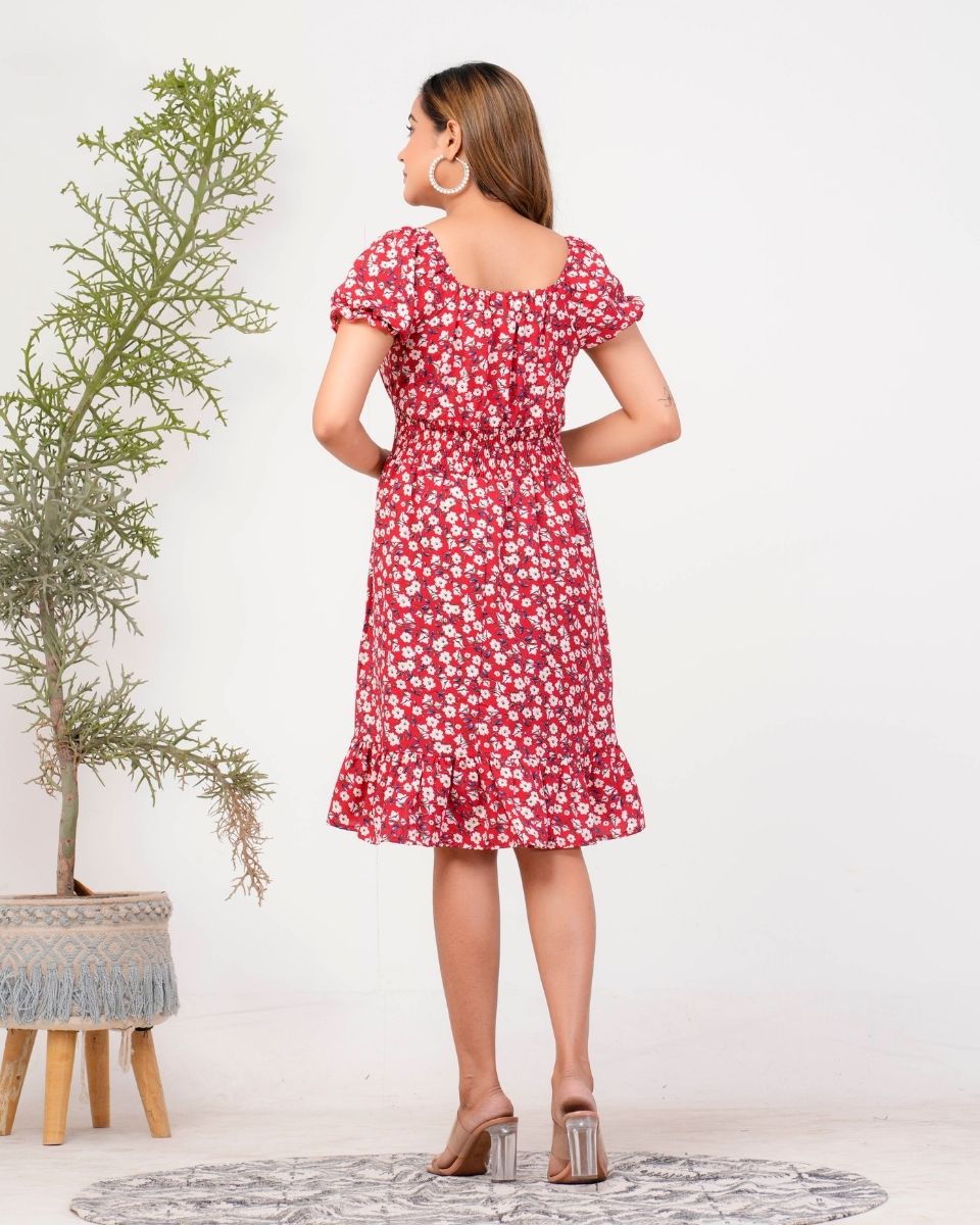 Pink Floral Printed Poly Crepe Midi Dress For Women