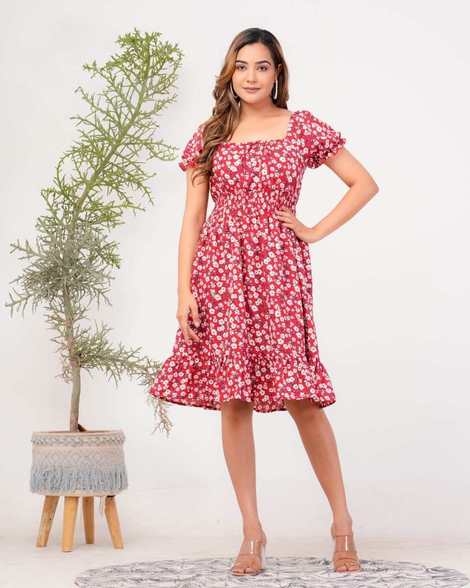 Pink Floral Printed Poly Crepe Midi Dress For Women