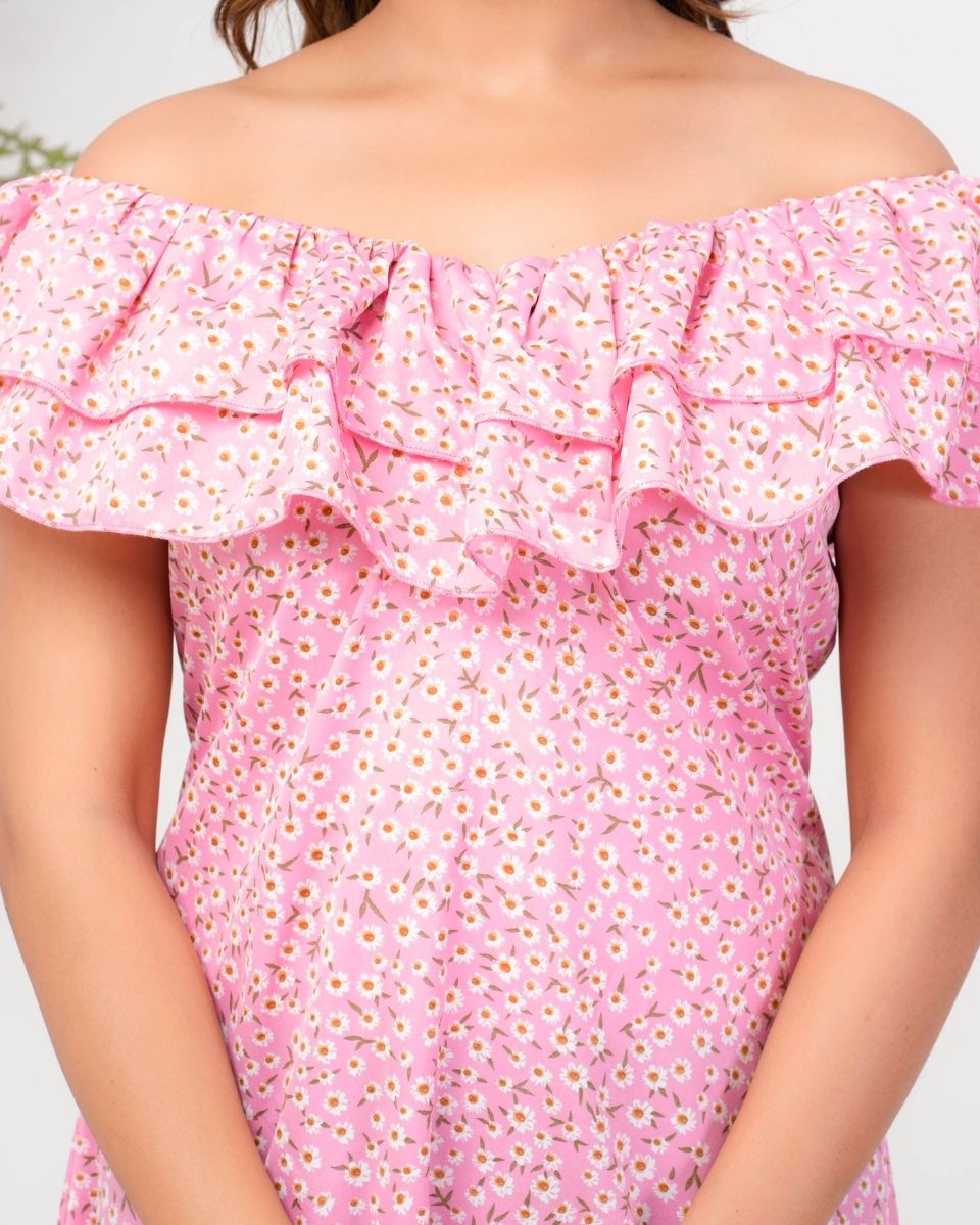 Pink Floral Off Shoulder Midi Dress For Women