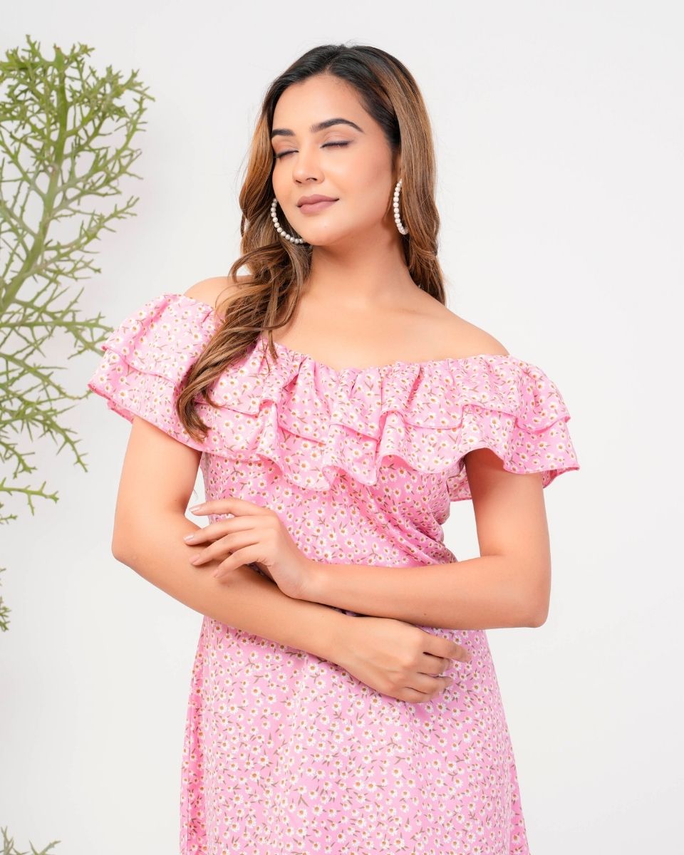 Pink Floral Off Shoulder Midi Dress For Women