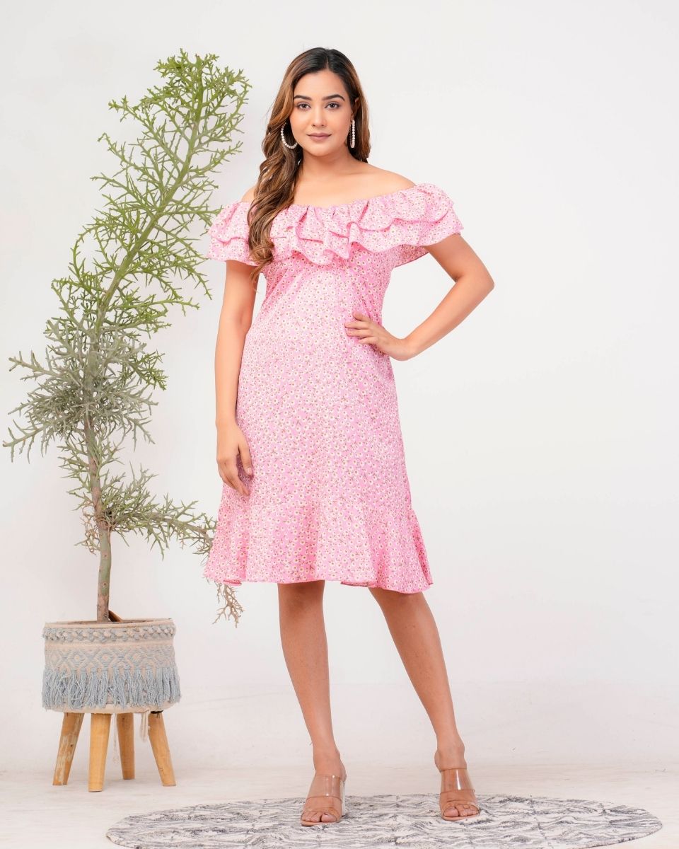 Pink Floral Off Shoulder Midi Dress For Women