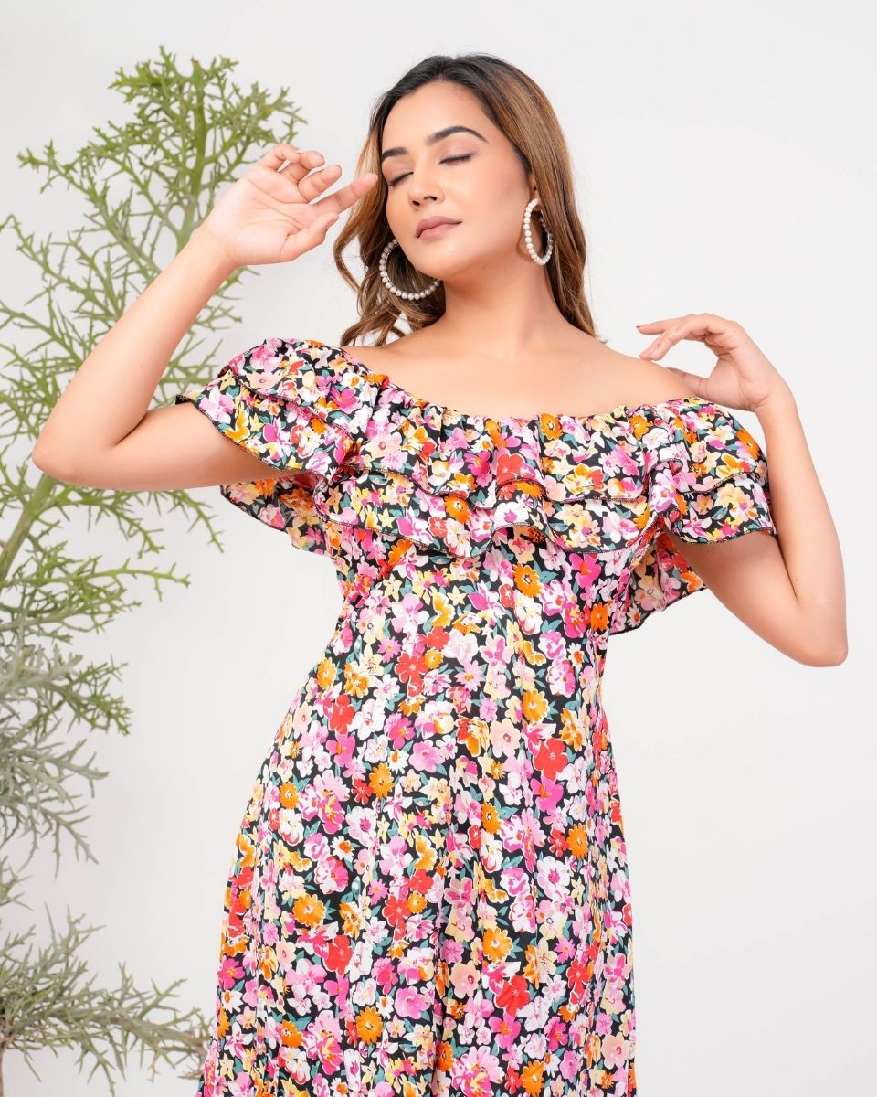 Multicolor Floral Poly Crepe Off Shoulder Midi Dress For Women