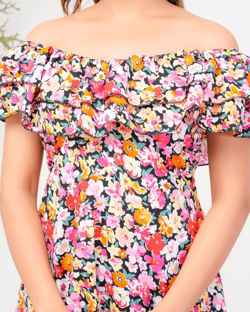 Multicolor Floral Poly Crepe Off Shoulder Midi Dress For Women