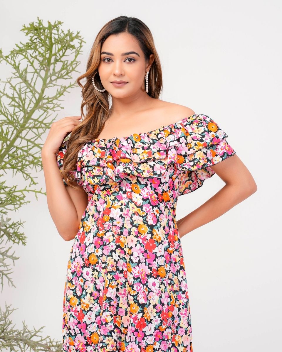 Multicolor Floral Poly Crepe Off Shoulder Midi Dress For Women