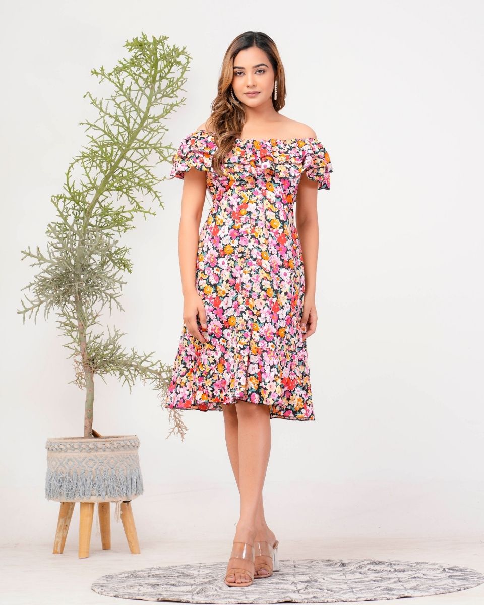 Multicolor Floral Poly Crepe Off Shoulder Midi Dress For Women