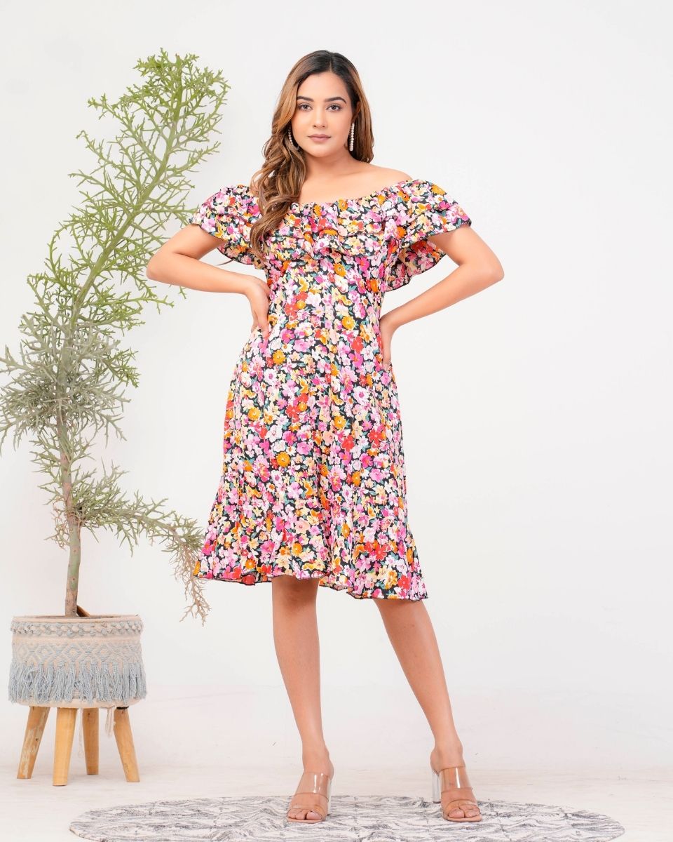 Multicolor Floral Poly Crepe Off Shoulder Midi Dress For Women