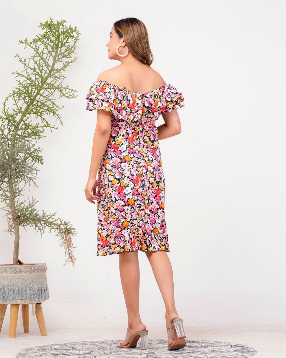 Multicolor Floral Poly Crepe Off Shoulder Midi Dress For Women