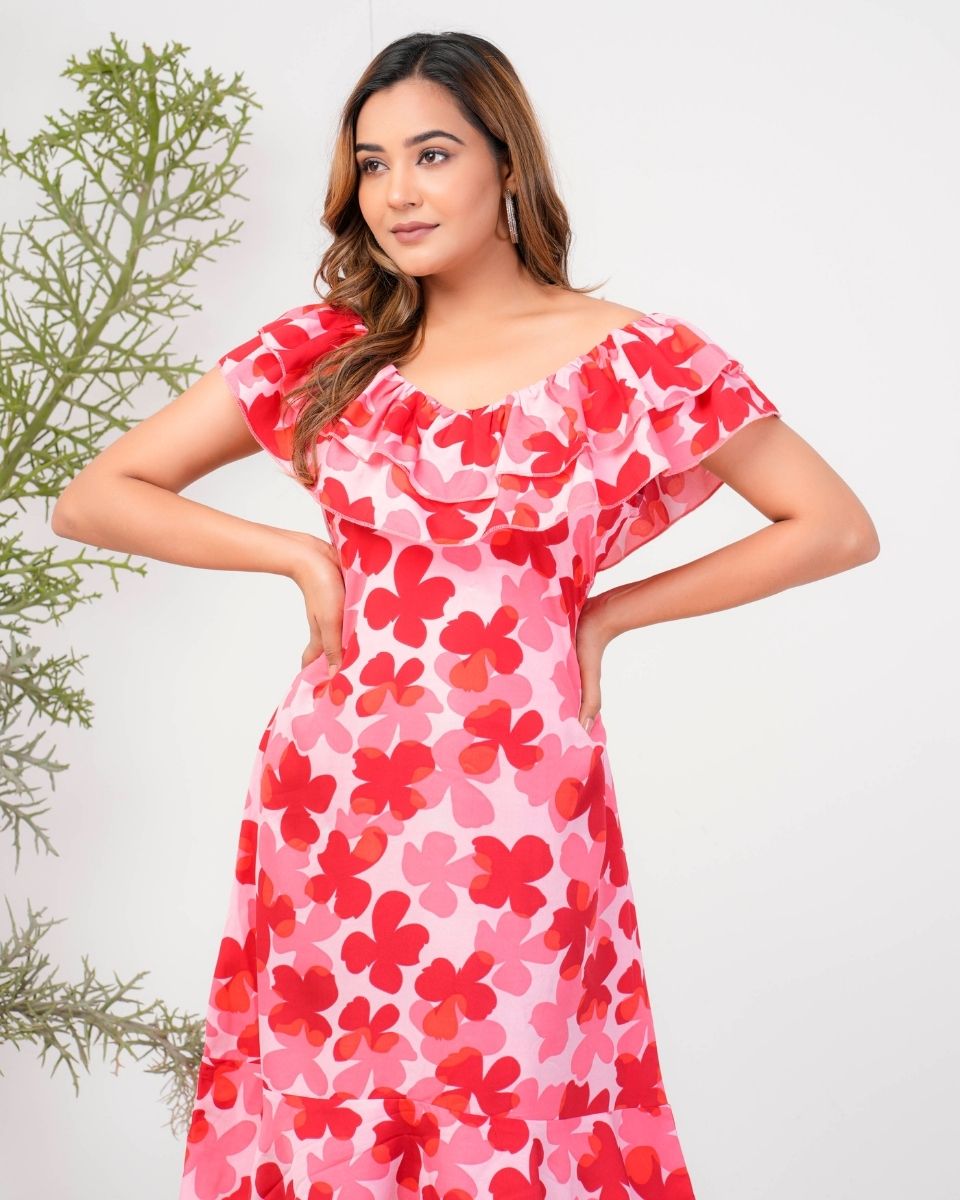 Red Floral Poly Crepe Casual Off Shoulder Dress For Women
