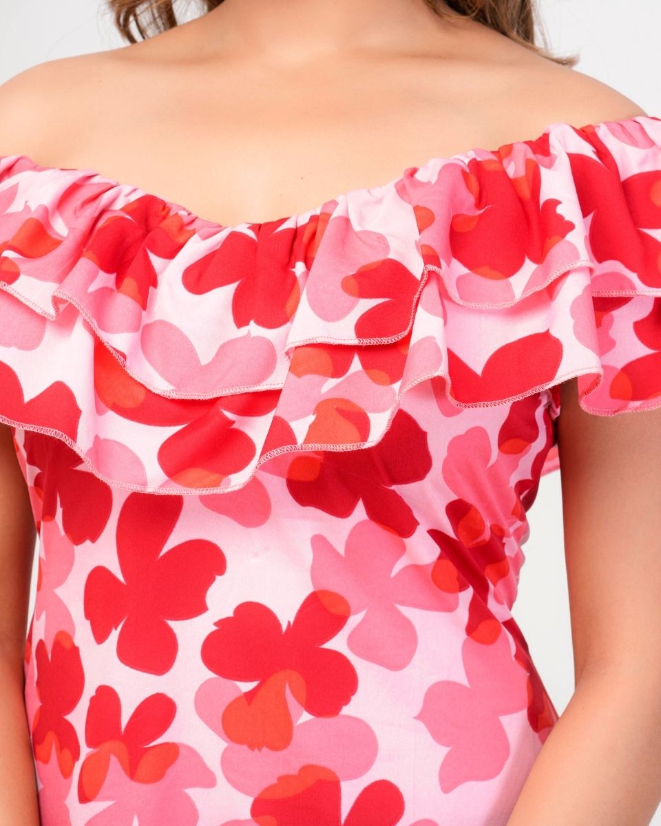 Red Floral Poly Crepe Casual Off Shoulder Dress For Women