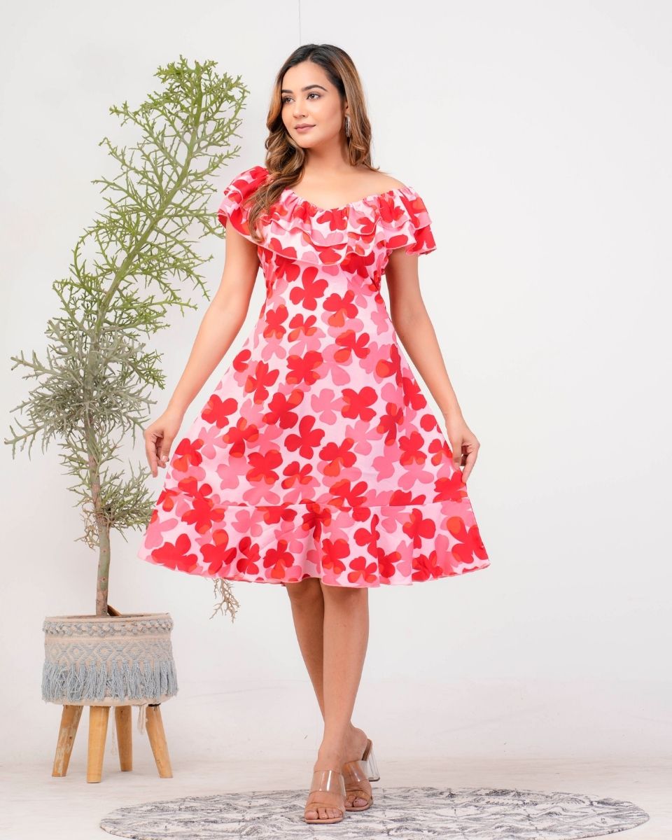Red Floral Poly Crepe Casual Off Shoulder Dress For Women