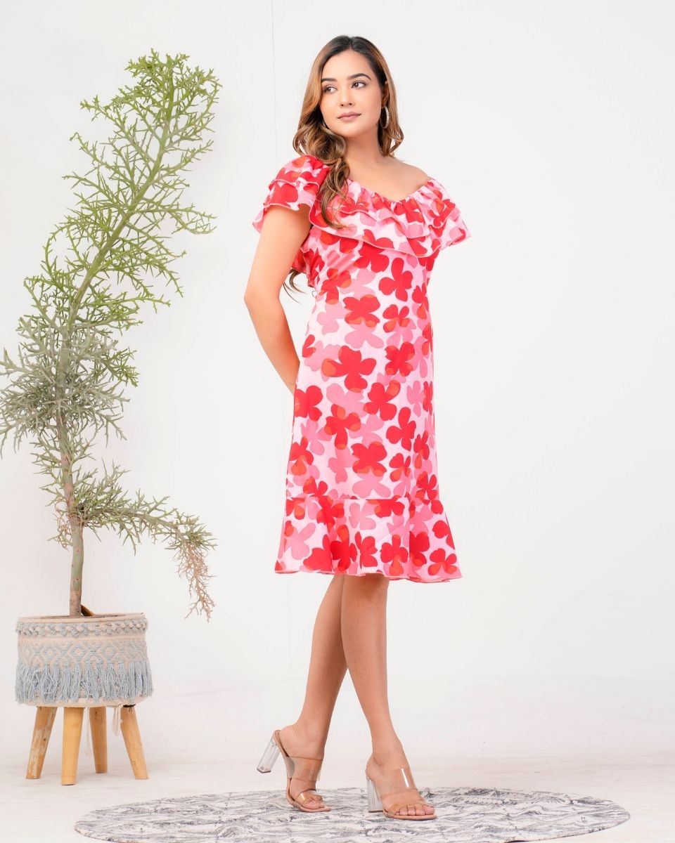 Red Floral Poly Crepe Casual Off Shoulder Dress For Women