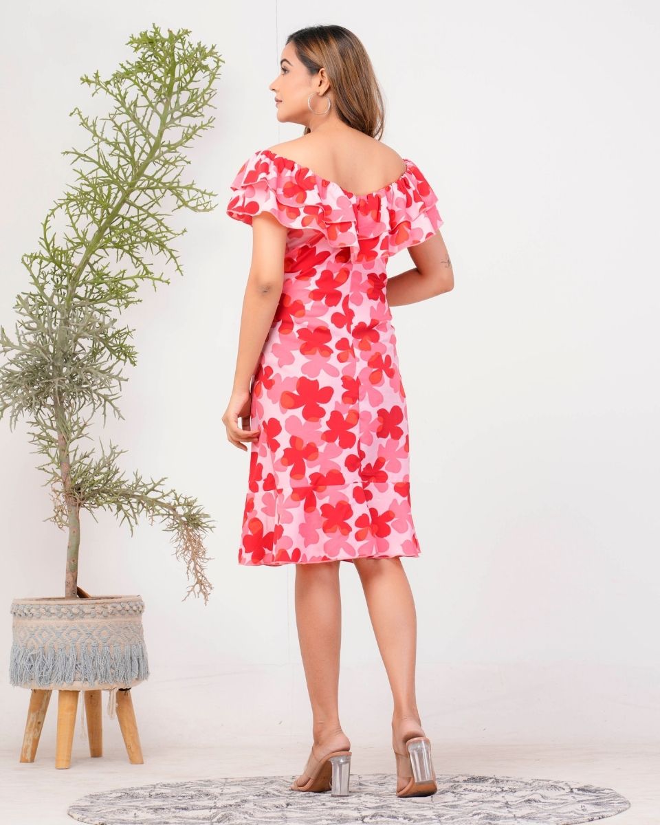 Red Floral Poly Crepe Casual Off Shoulder Dress For Women