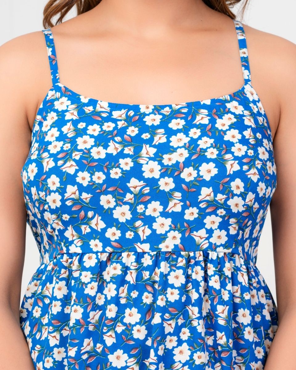 Azure Blue Floral A Line Maxi Dress For Women