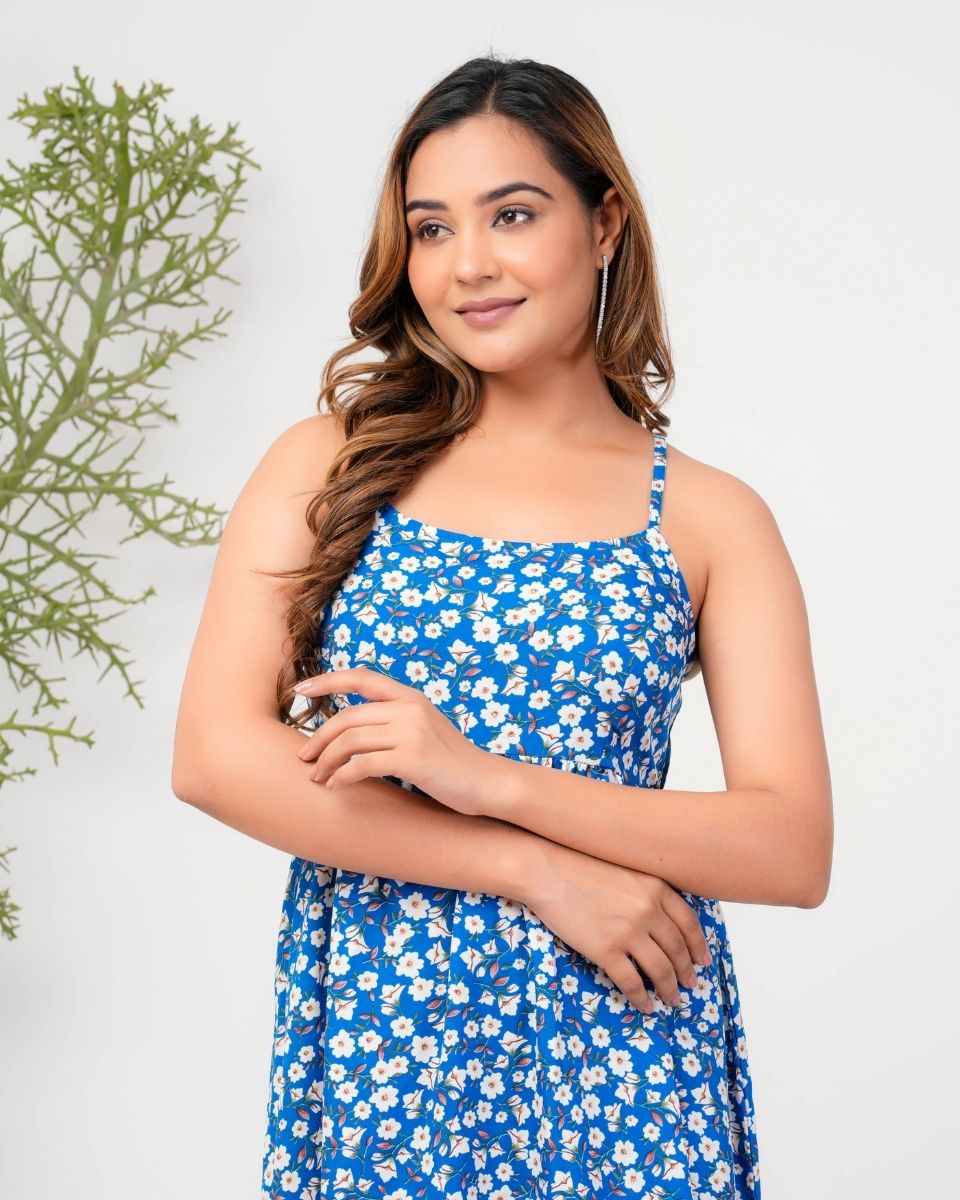 Azure Blue Floral A Line Maxi Dress For Women