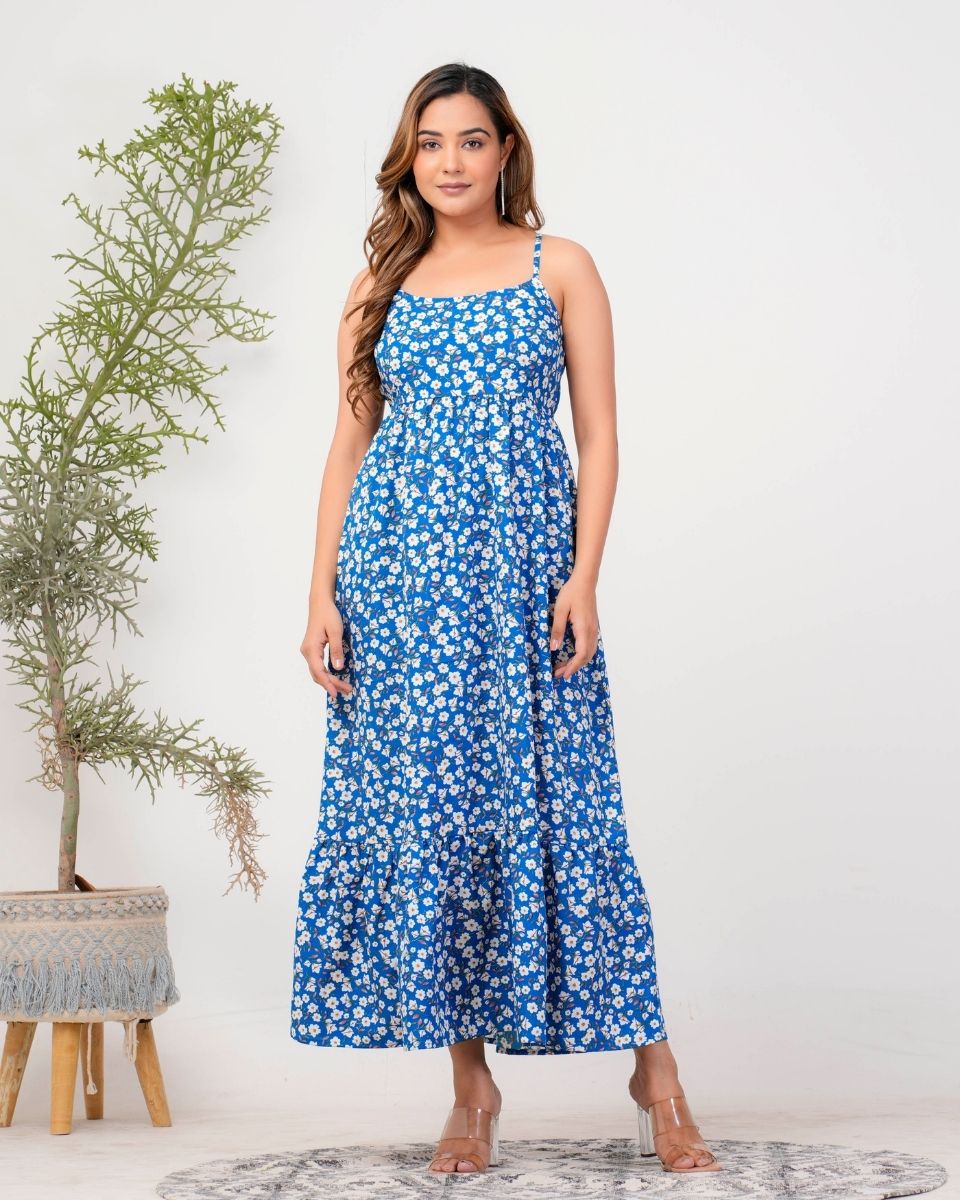 Azure Blue Floral A Line Maxi Dress For Women