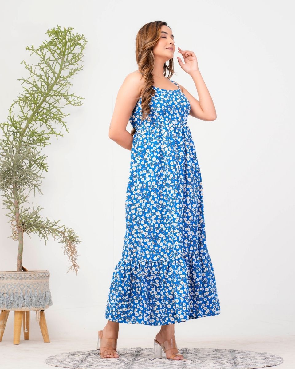 Azure Blue Floral A Line Maxi Dress For Women
