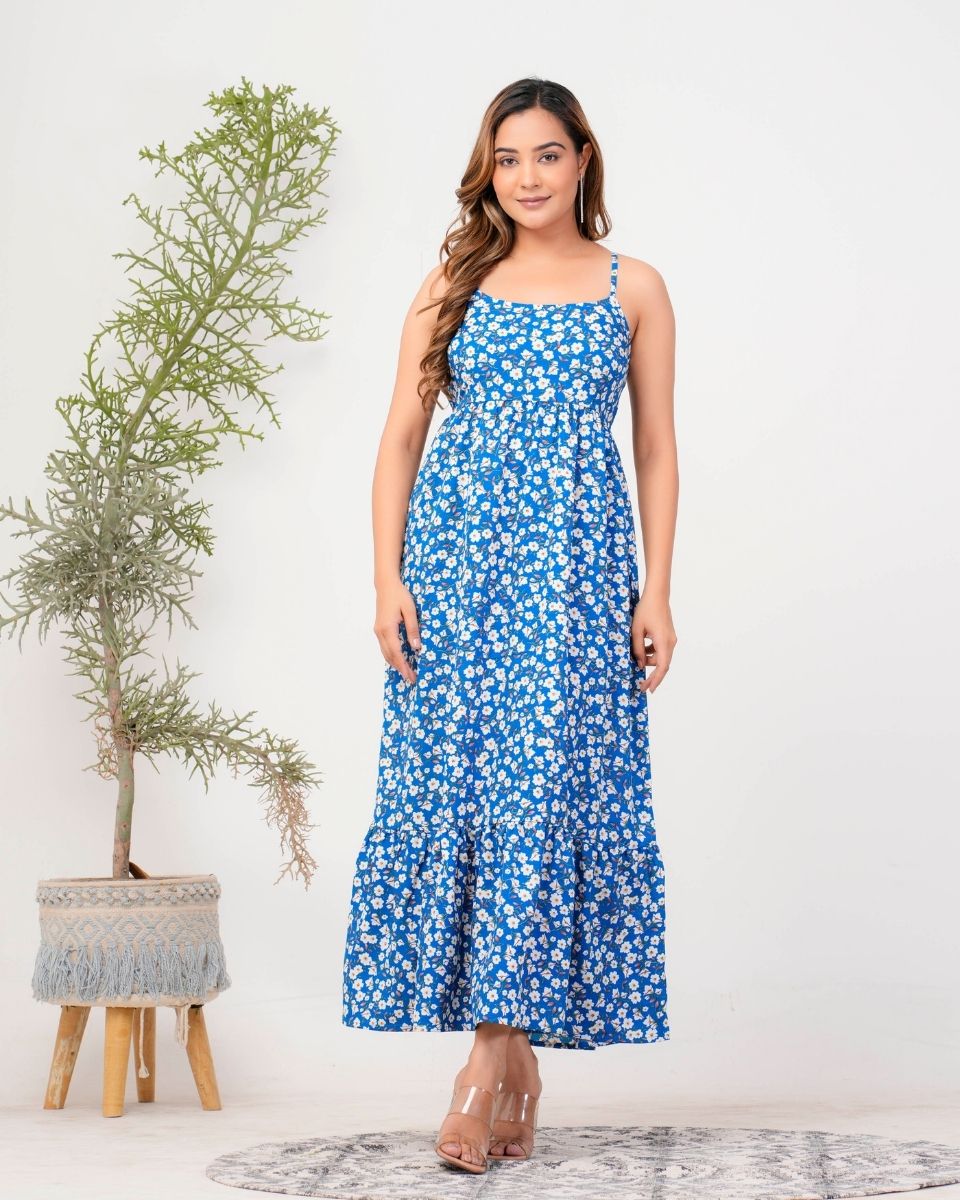 Azure Blue Floral A Line Maxi Dress For Women