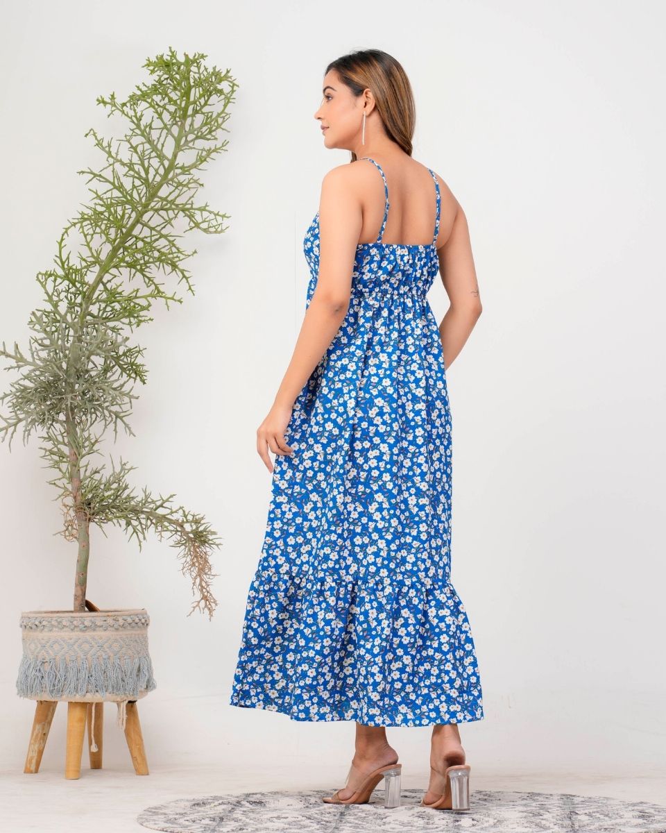 Azure Blue Floral A Line Maxi Dress For Women