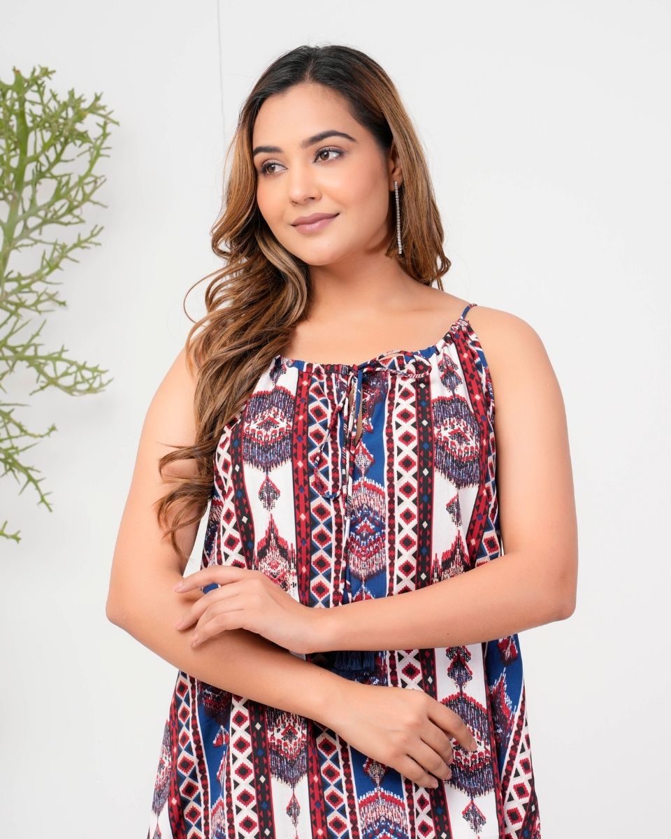Ikat Printed Blue Poly Crepe Midi Dress For Women