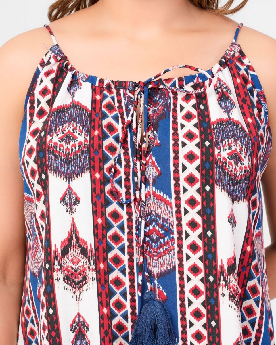 Ikat Printed Blue Poly Crepe Midi Dress For Women