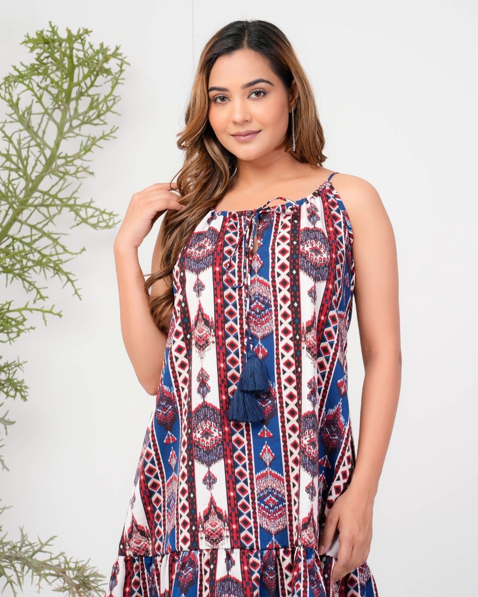 Ikat Printed Blue Poly Crepe Midi Dress For Women