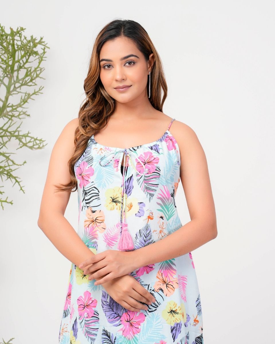 Tropical Print Sky Blue Poly Crepe Cami Strap Midi Dress For Women