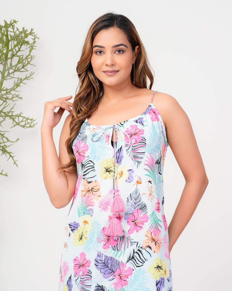 Tropical Print Sky Blue Poly Crepe Cami Strap Midi Dress For Women
