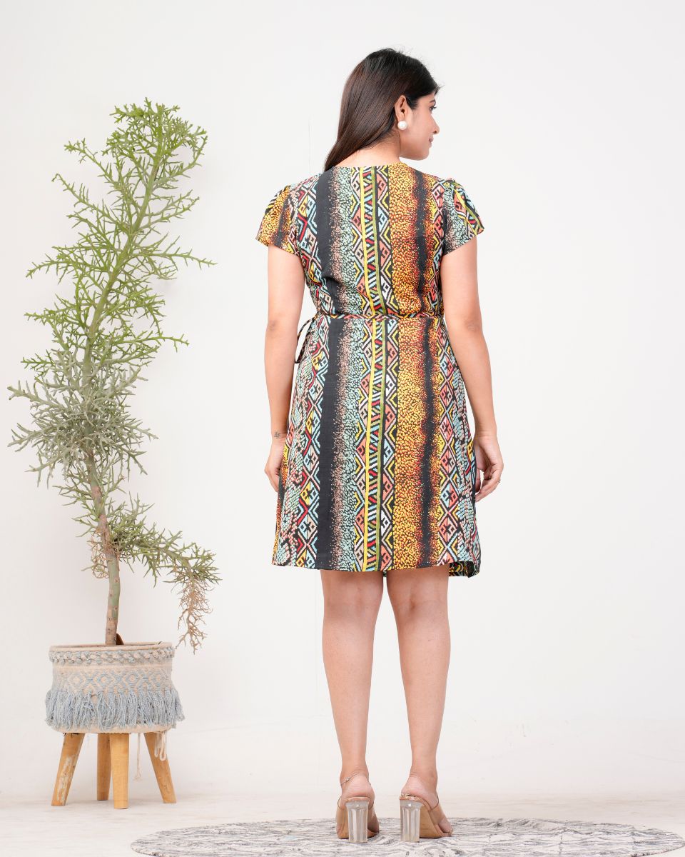 Stripped Printed Black Poly Crepe Midi Dress For Women