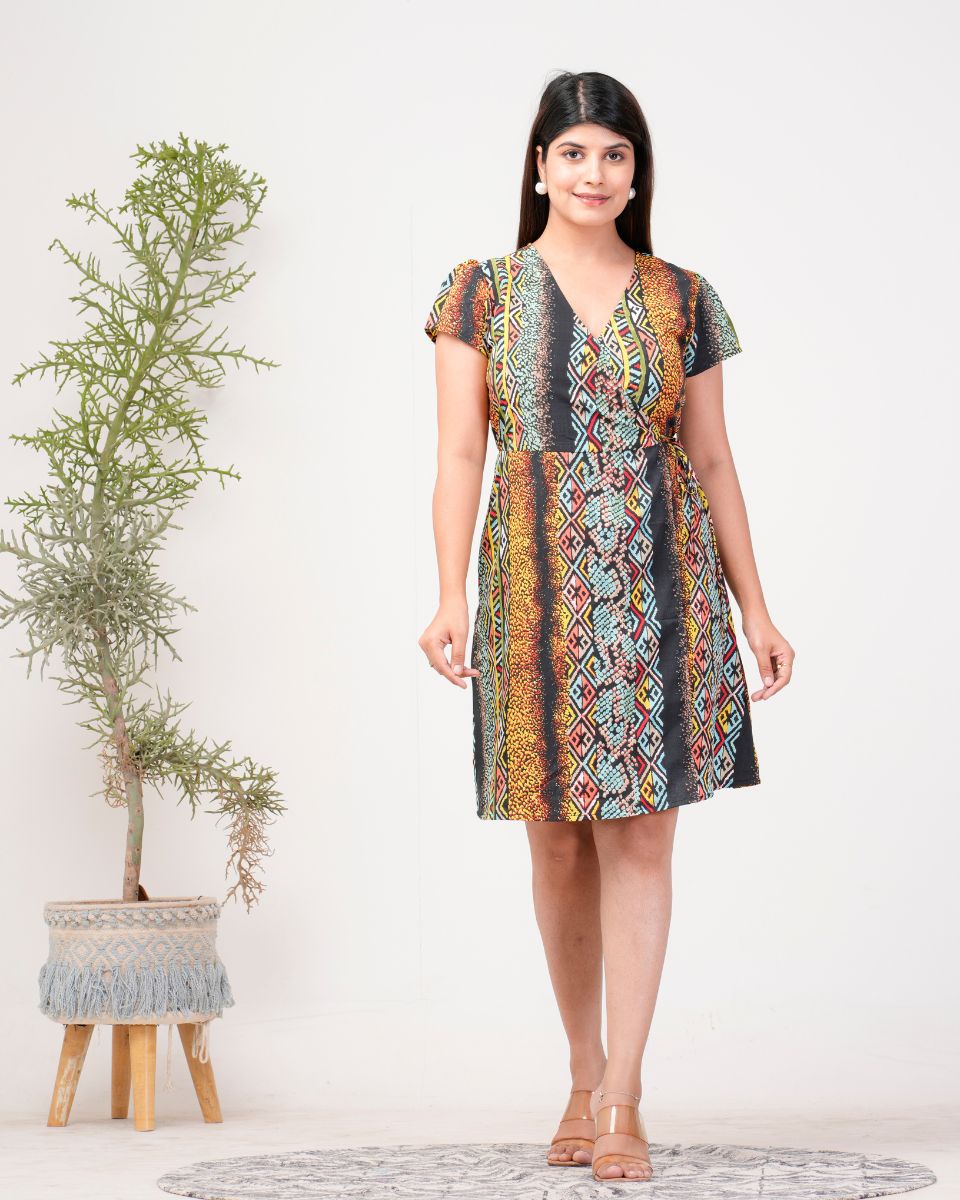 Stripped Printed Black Poly Crepe Midi Dress For Women