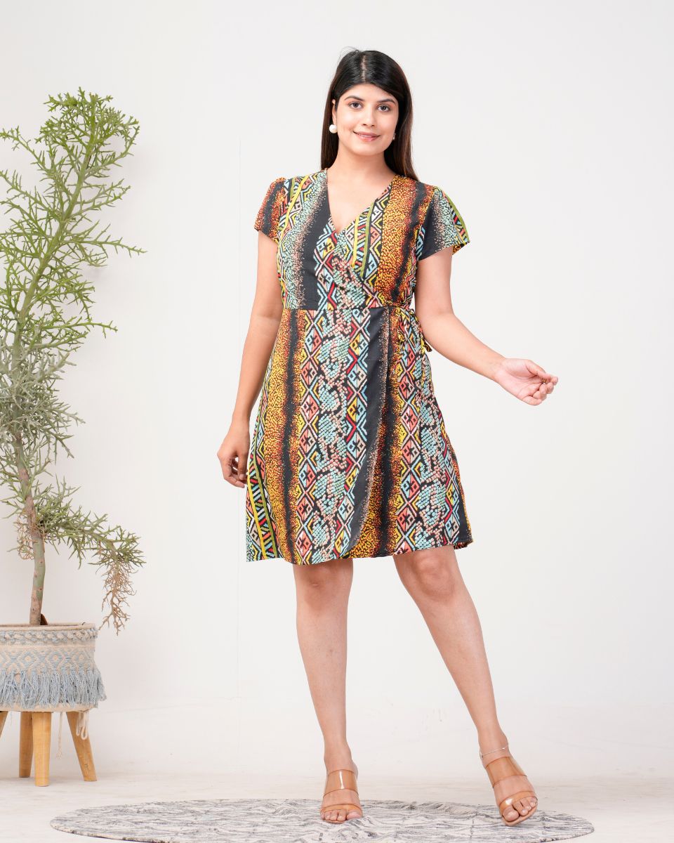 Stripped Printed Black Poly Crepe Midi Dress For Women