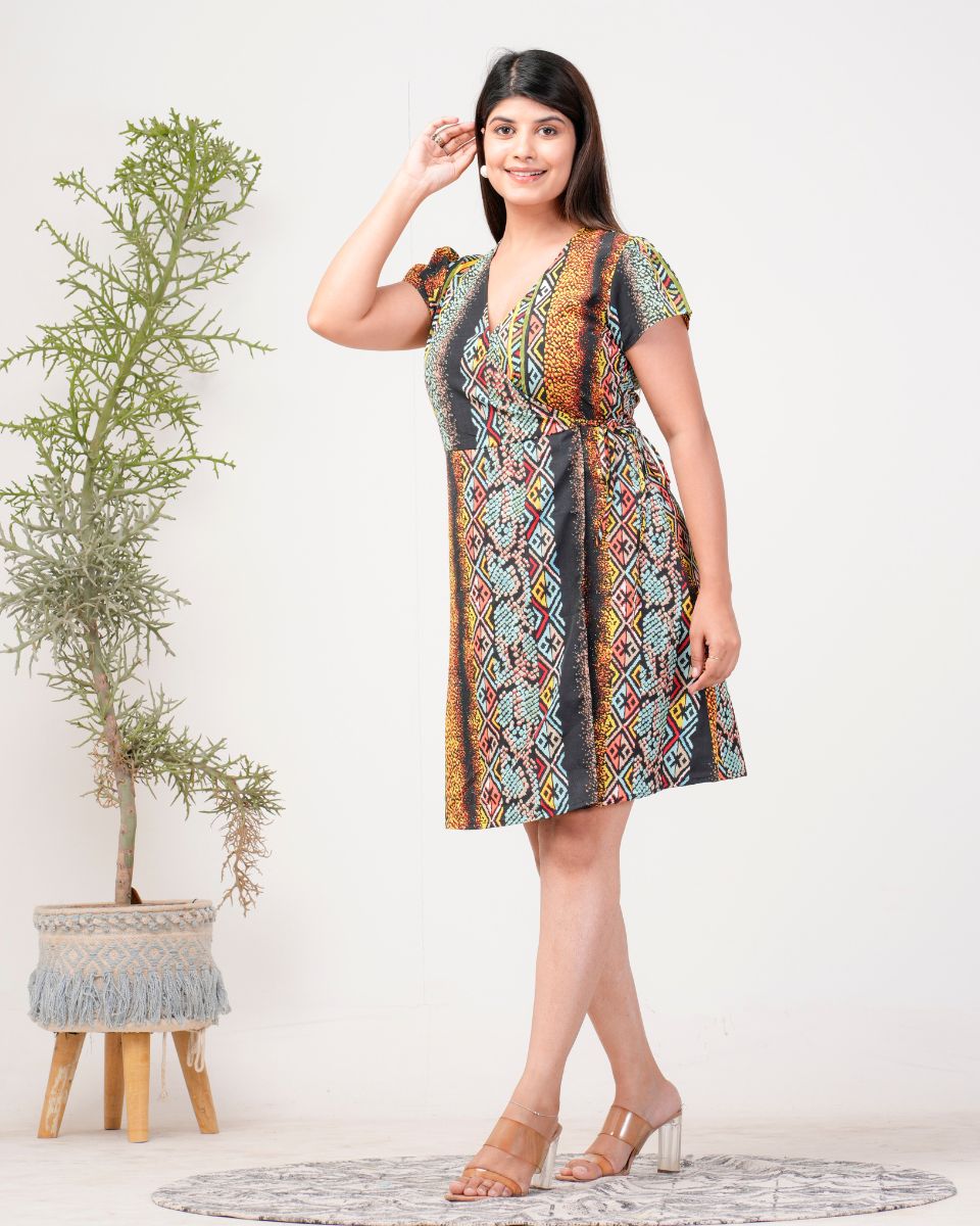 Stripped Printed Black Poly Crepe Midi Dress For Women