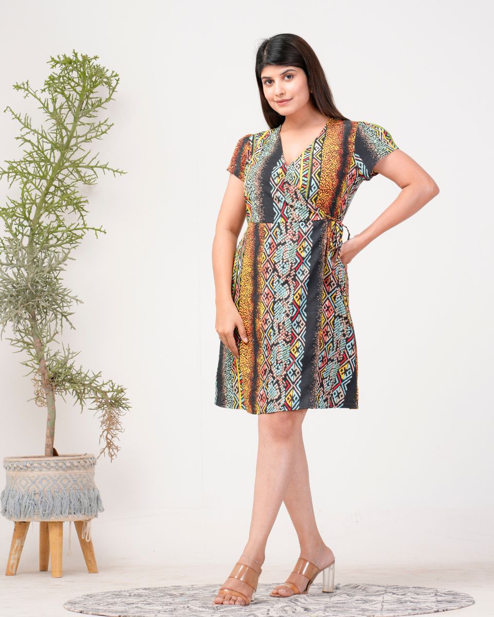 Stripped Printed Black Poly Crepe Midi Dress For Women