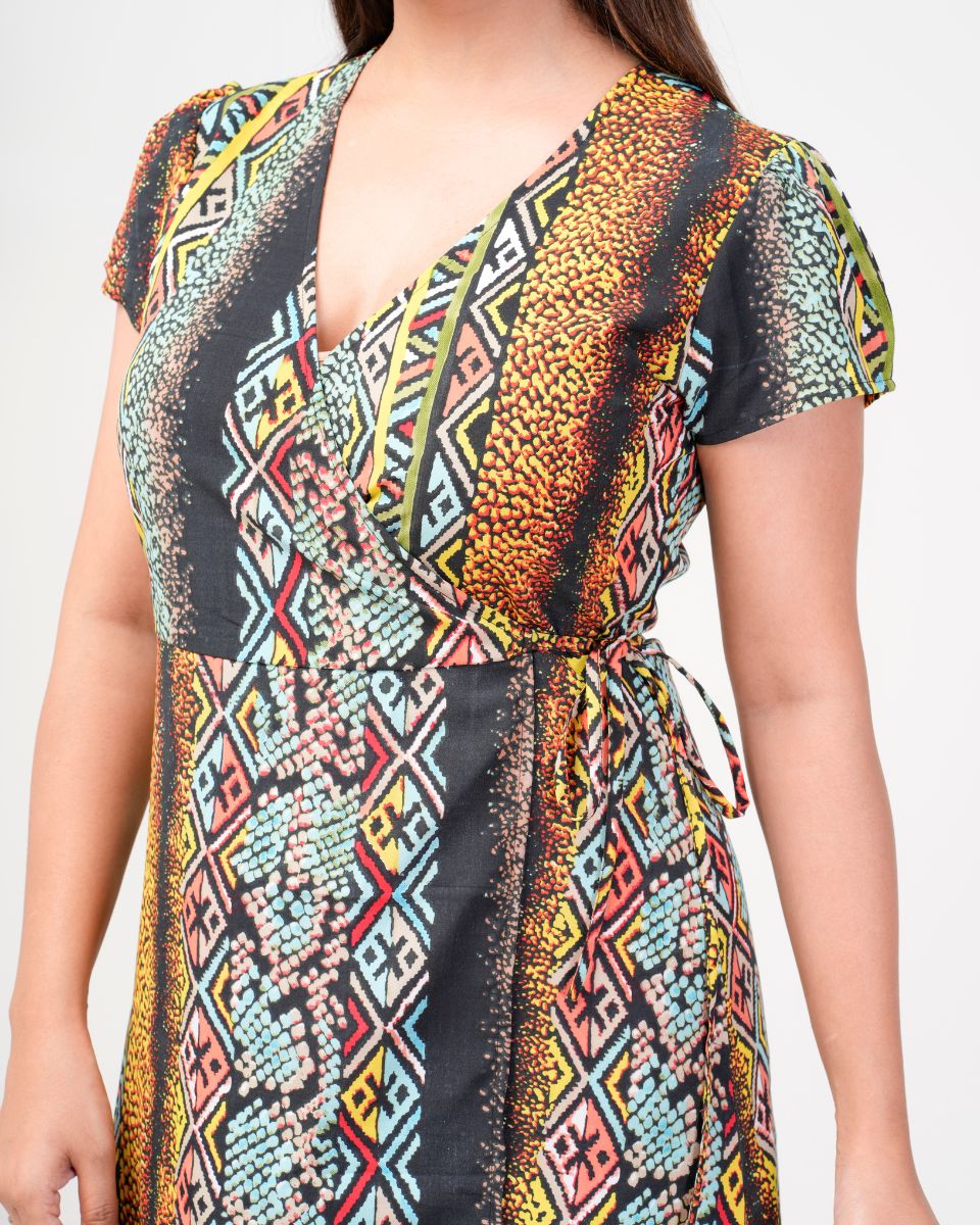 Stripped Printed Black Poly Crepe Midi Dress For Women