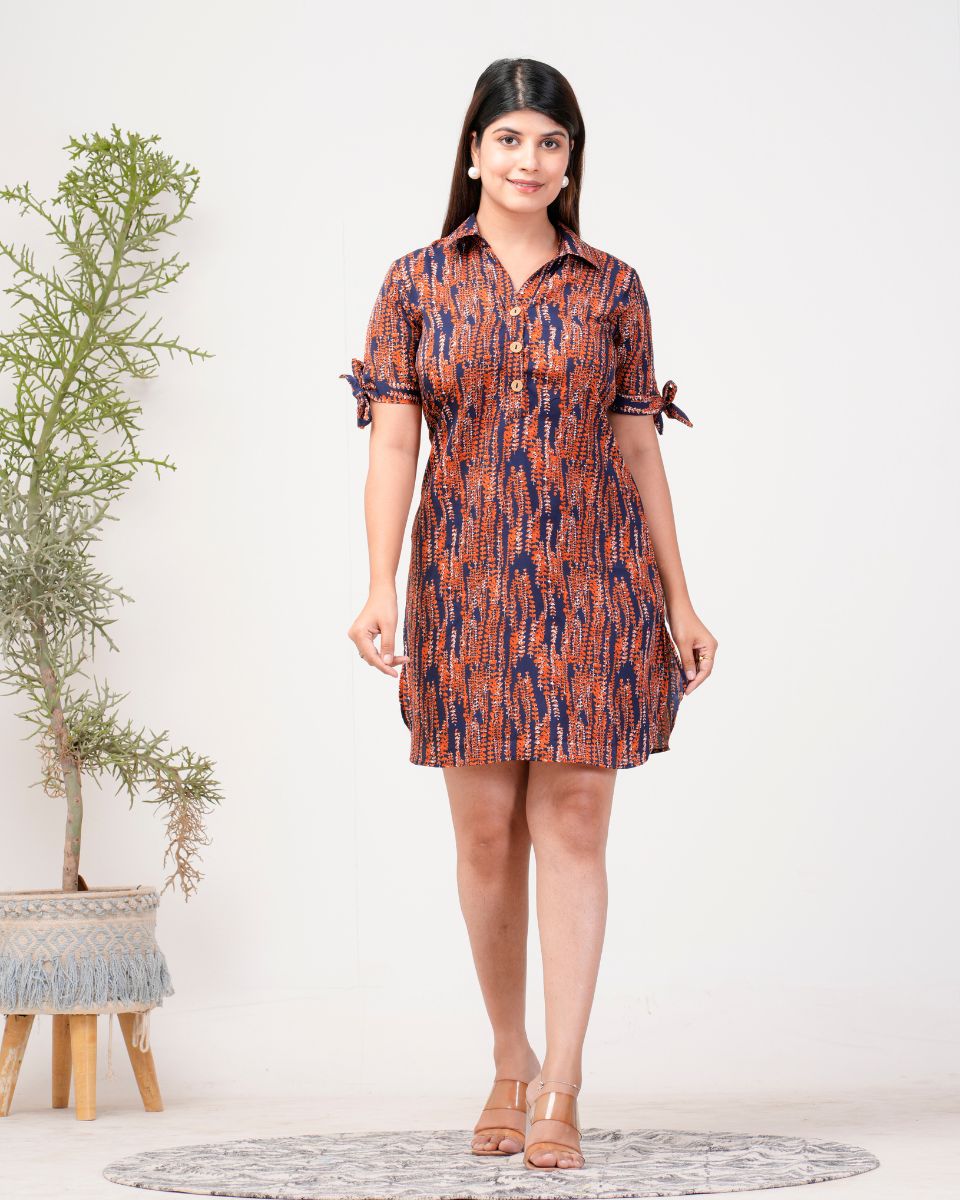 Maroon And Navy Blue Abstract Print Casual Midi Dress For Women