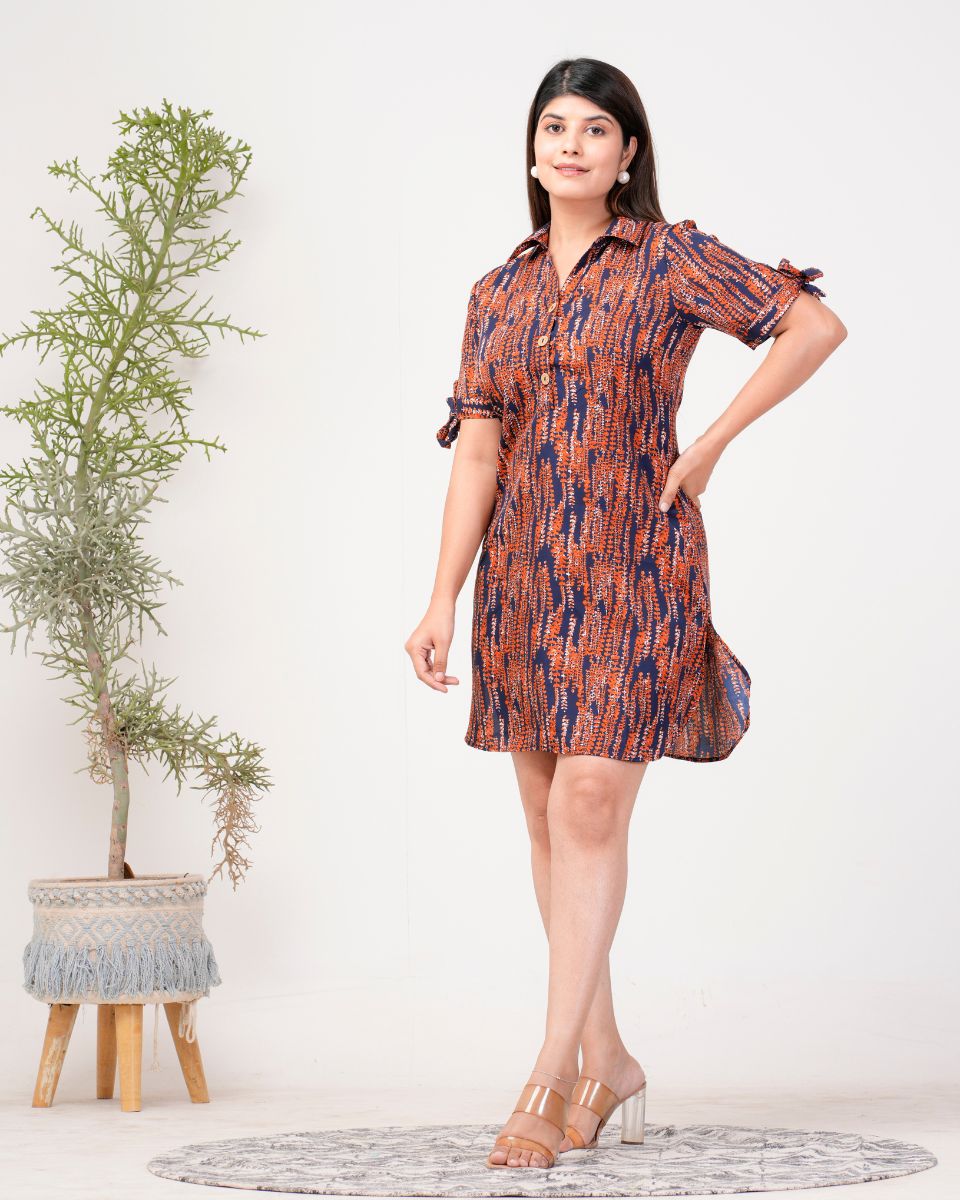 Maroon And Navy Blue Abstract Print Casual Midi Dress For Women