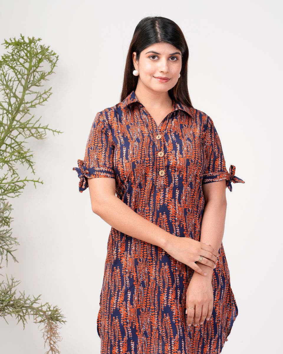 Maroon And Navy Blue Abstract Print Casual Midi Dress For Women