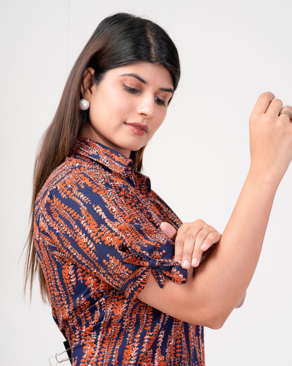 Maroon And Navy Blue Abstract Print Casual Midi Dress For Women