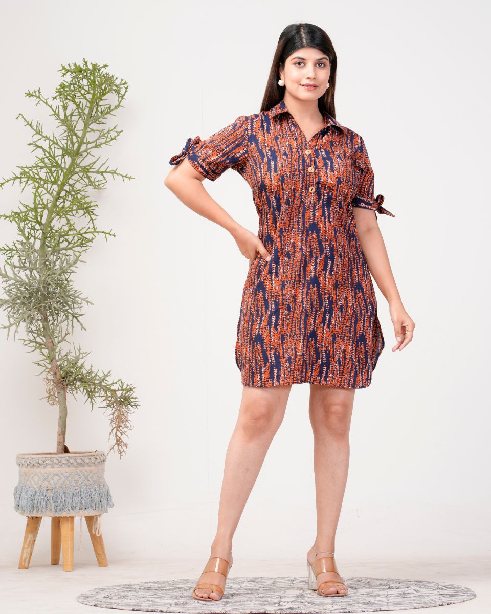 Maroon And Navy Blue Abstract Print Casual Midi Dress For Women