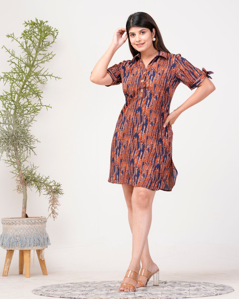Maroon And Navy Blue Abstract Print Casual Midi Dress For Women