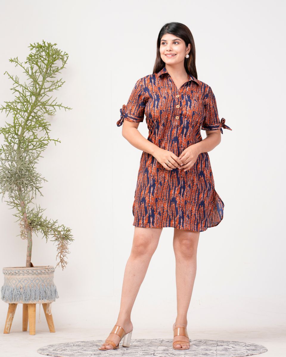 Maroon And Navy Blue Abstract Print Casual Midi Dress For Women