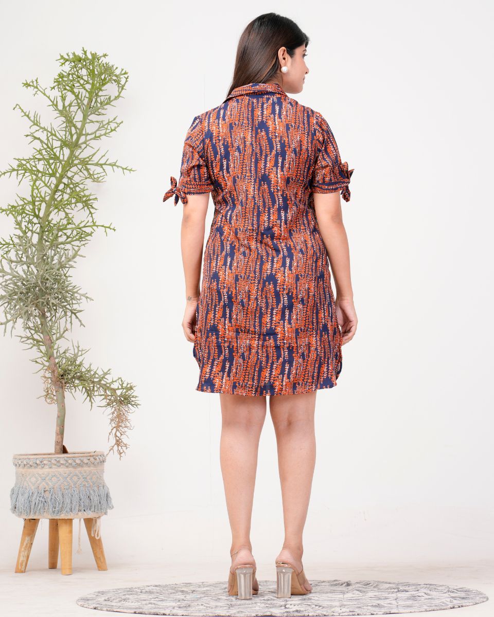 Maroon And Navy Blue Abstract Print Casual Midi Dress For Women