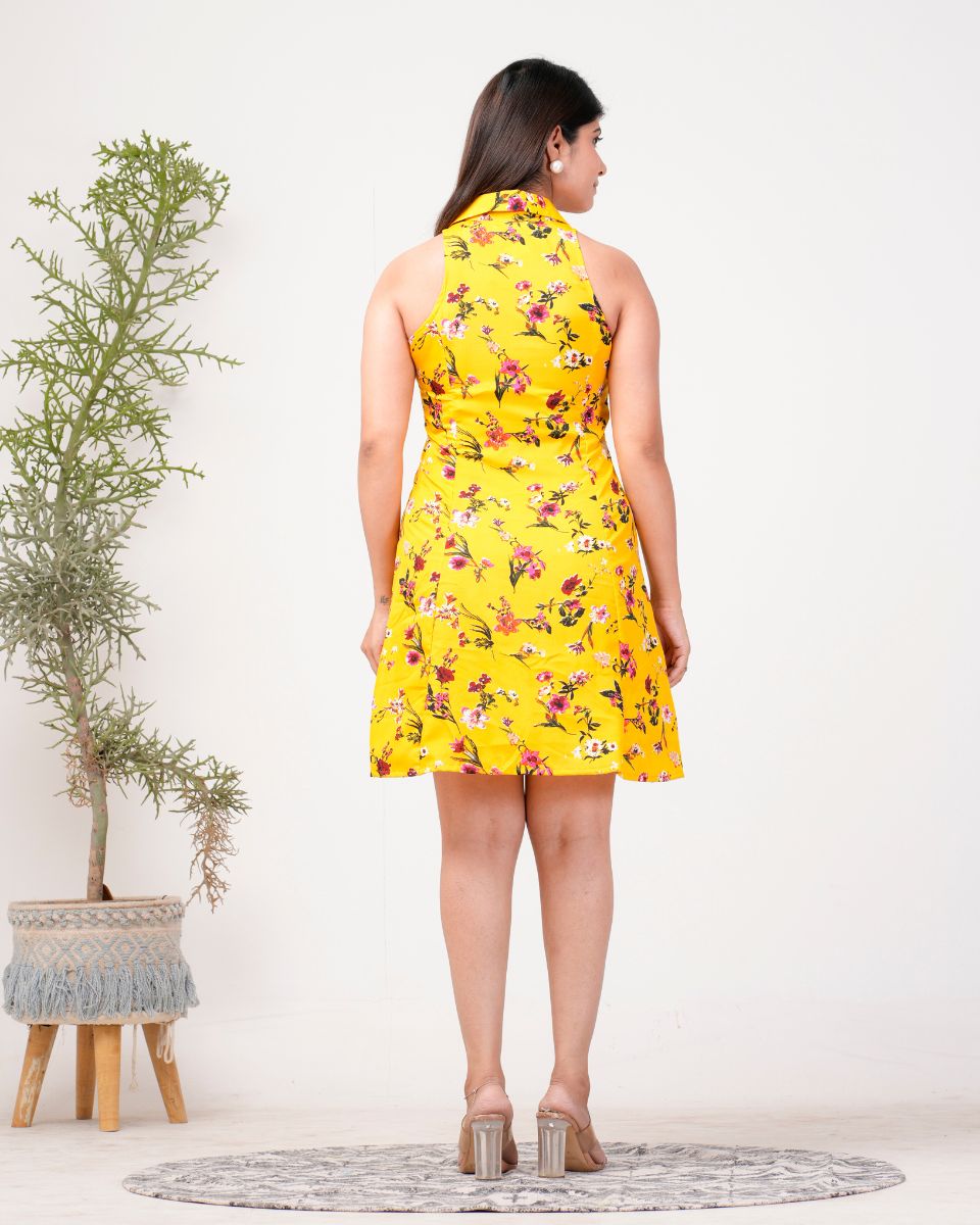 Yellow Poly Crepe Collared Neck Floral Knee Length Dress For Women