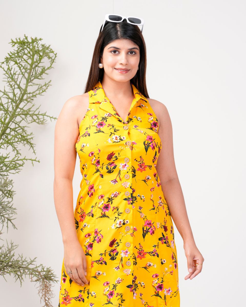 Yellow Poly Crepe Collared Neck Floral Knee Length Dress For Women