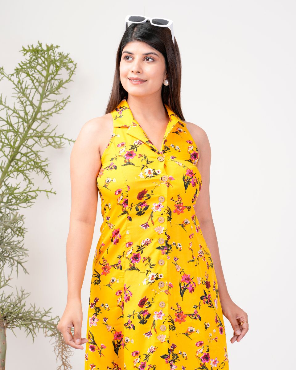 Yellow Poly Crepe Collared Neck Floral Knee Length Dress For Women