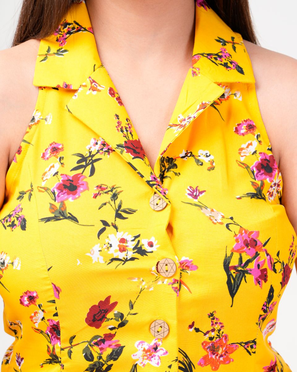 Yellow Poly Crepe Collared Neck Floral Knee Length Dress For Women