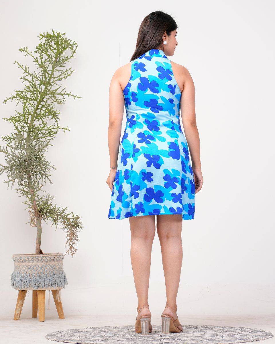 Leaf Print Blue Collared Neck Dress With Open Button For Women